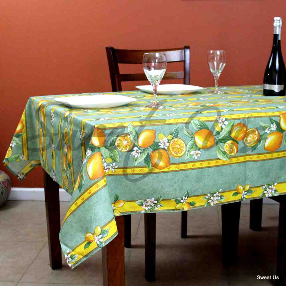 Wipeable Acrylic Coated Cotton Tablecloth Rectangle Lemon Blue, Green, Orange