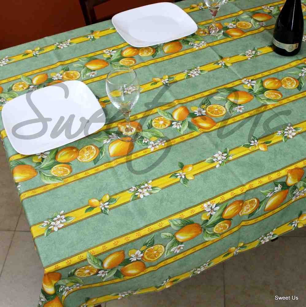 Wipeable Acrylic Coated Cotton Tablecloth Rectangle Lemon Blue, Green, Orange
