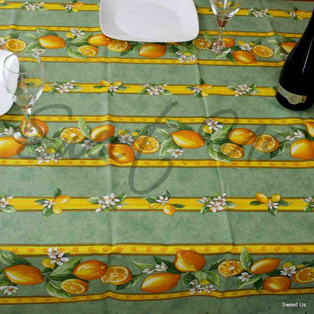 Wipeable Acrylic Coated Cotton Tablecloth Rectangle Lemon Blue, Green, Orange