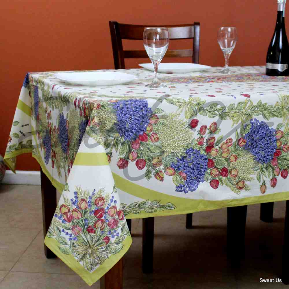 Wipeable Tablecloth French Provencal Acrylic Coated Cotton Rose Lavender White