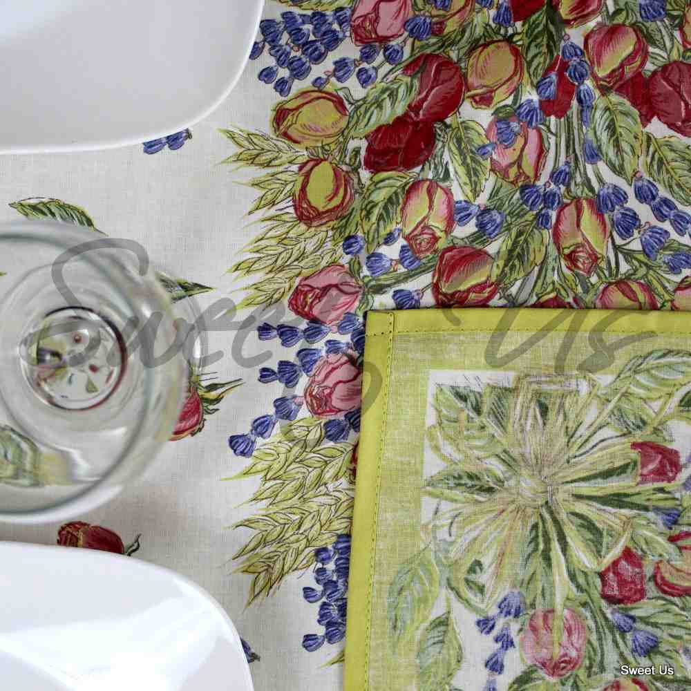 Wipeable Tablecloth French Provencal Acrylic Coated Cotton Rose Lavender White