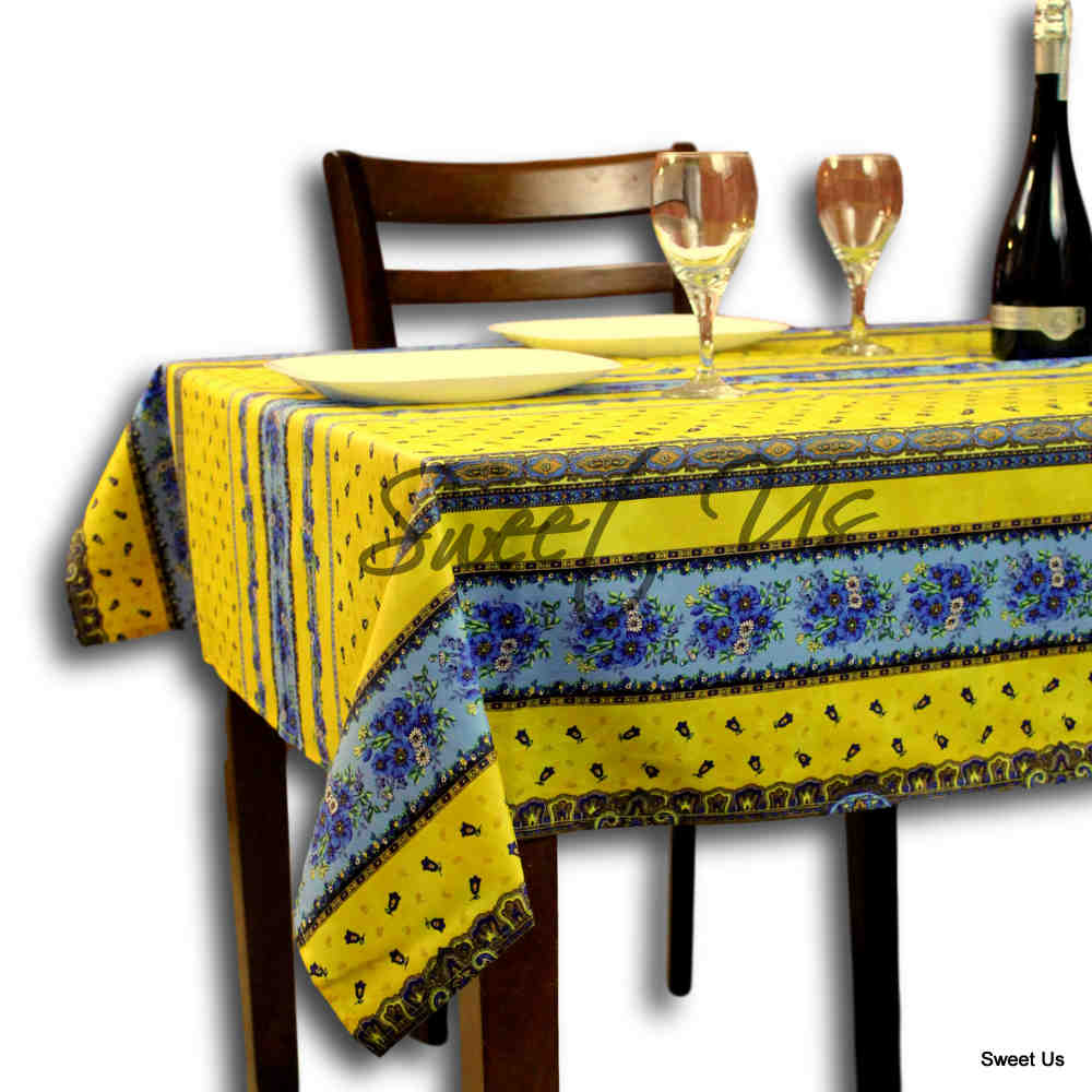 Wipeable Tablecloth Square French Provencal Acrylic Coated Cotton Floral Yellow