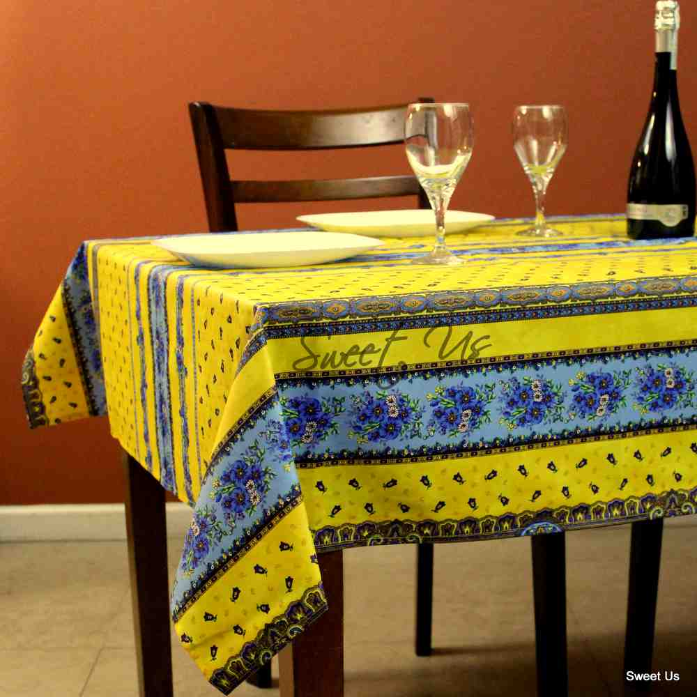 Wipeable Tablecloth Square French Provencal Acrylic Coated Cotton Floral Yellow
