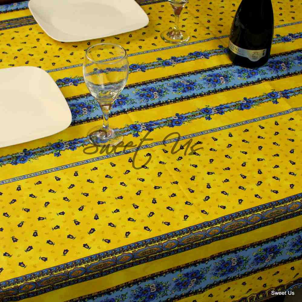 Wipeable Tablecloth Square French Provencal Acrylic Coated Cotton Floral Yellow