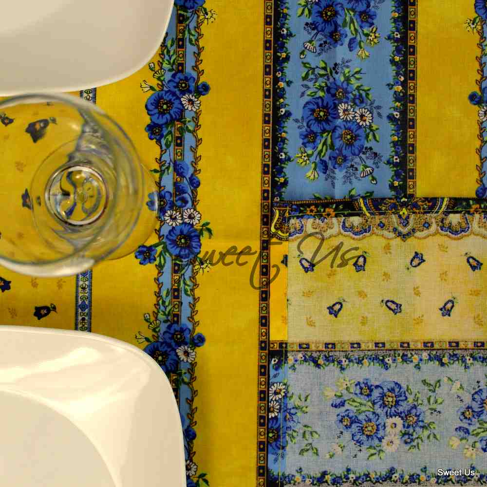 Wipeable Tablecloth Square French Provencal Acrylic Coated Cotton Floral Yellow