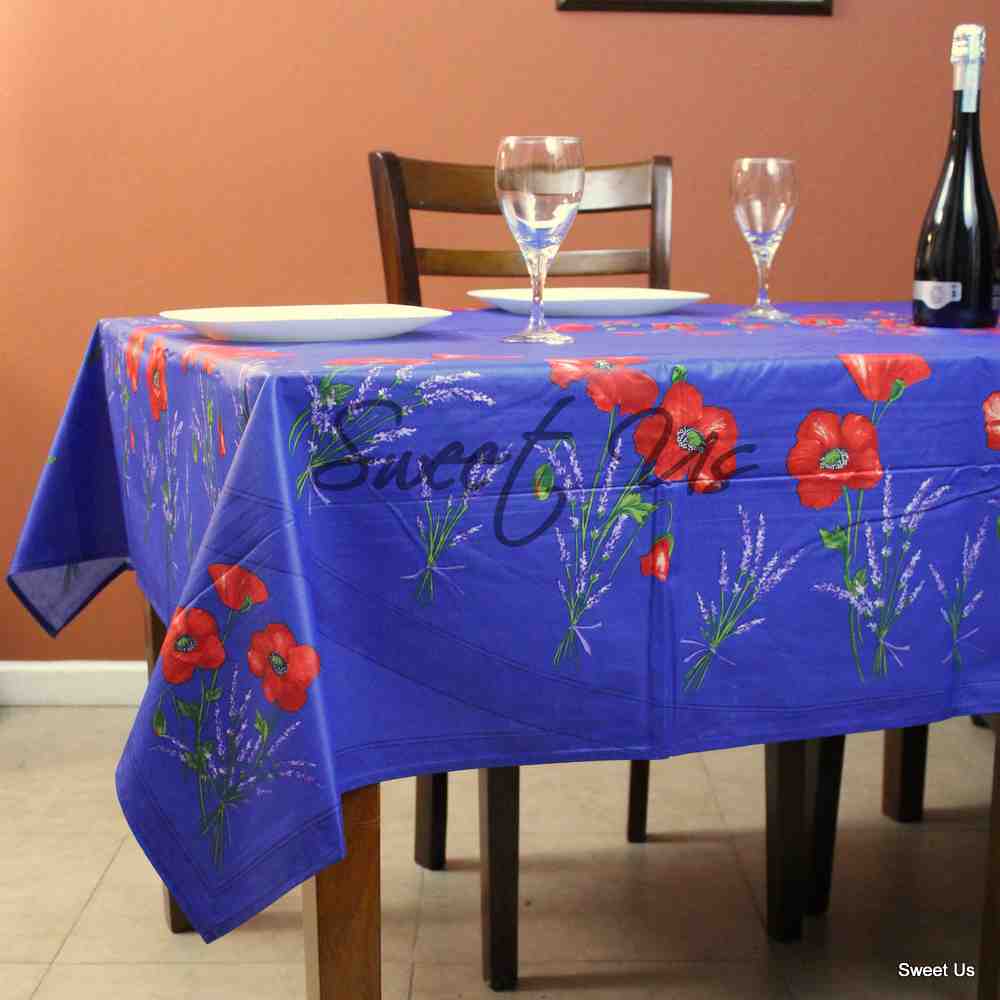 Wipeable Tablecloth Rectangle Spillproof French Acrylic Coated Poppy, Blue