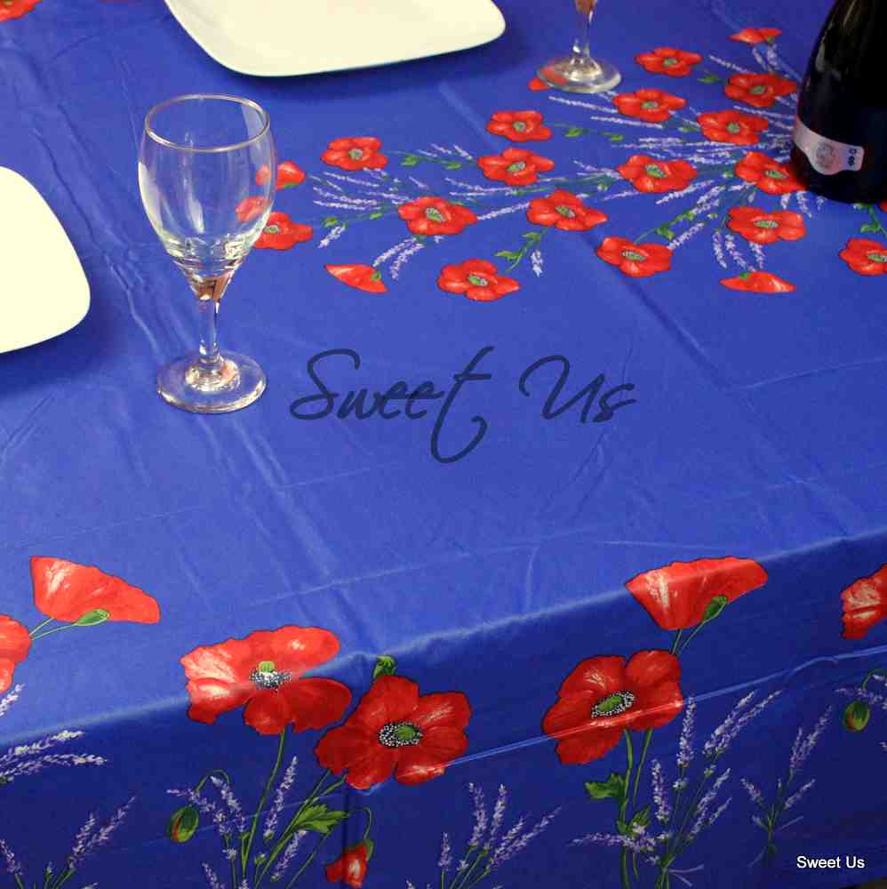 Wipeable Tablecloth Rectangle Spillproof French Acrylic Coated Poppy, Blue