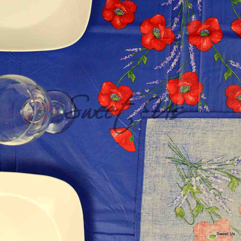 Wipeable Tablecloth Rectangle Spillproof French Acrylic Coated Poppy, Blue