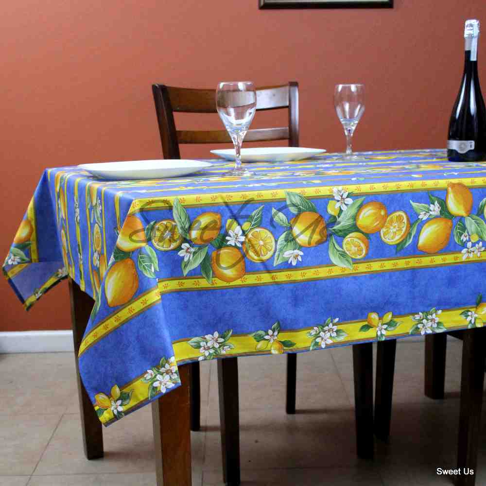 Wipeable Acrylic Coated Cotton Tablecloth Rectangle Lemon Blue, Green, Orange