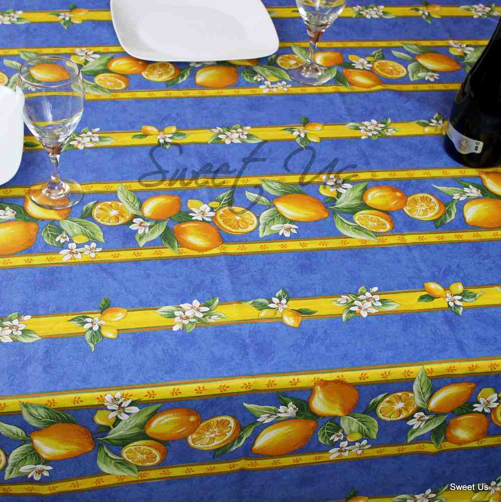 Wipeable Acrylic Coated Cotton Tablecloth Rectangle Lemon Blue, Green, Orange