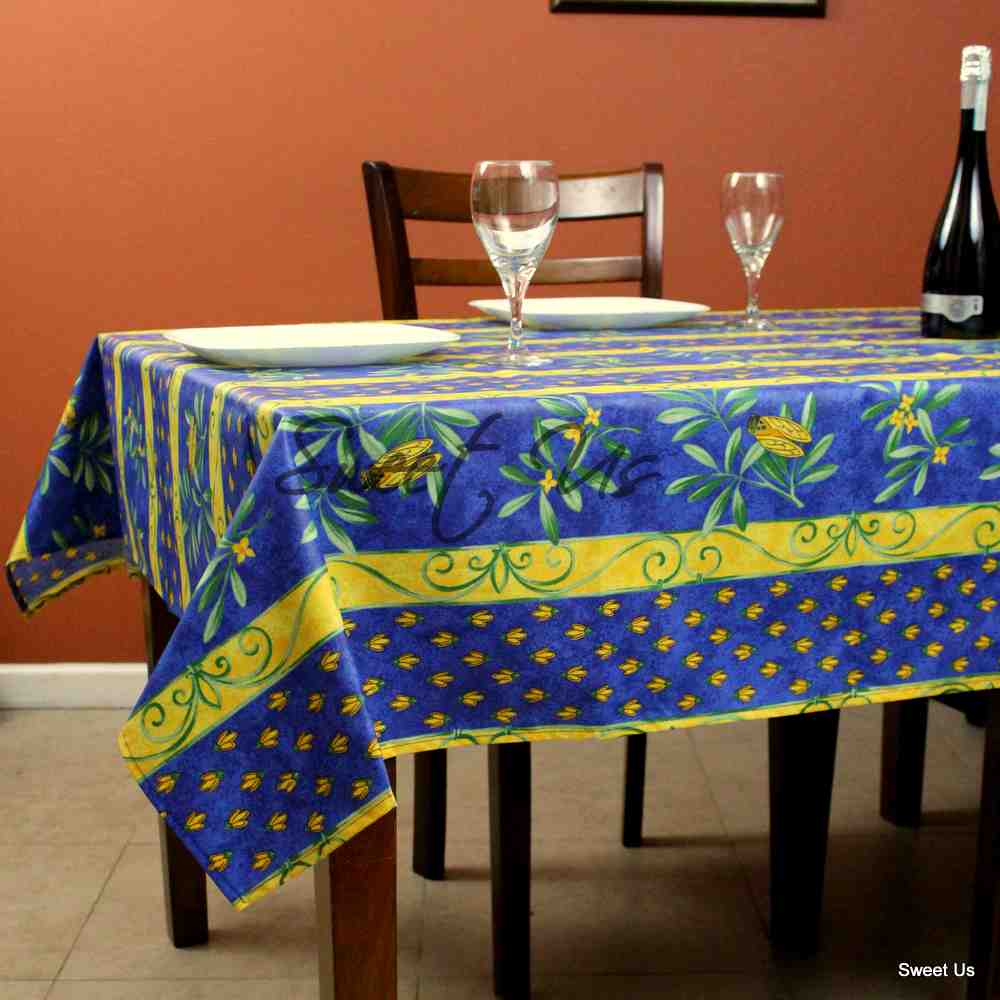 Wipeable Tablecloth Rectangle Spillproof French Acrylic Coated Blue Bees
