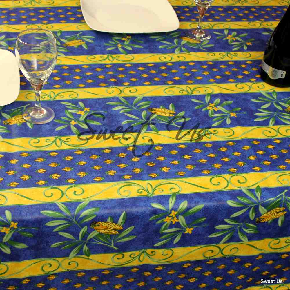 Wipeable Tablecloth Rectangle Spillproof French Acrylic Coated Blue Bees