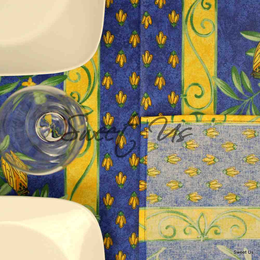 Wipeable Tablecloth Rectangle Spillproof French Acrylic Coated Blue Bees