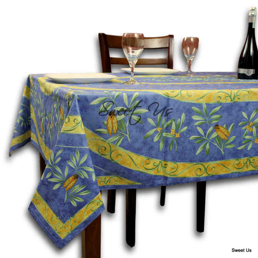 Wipeable Tablecloth Rectangle, Round Spillproof French Acrylic Coated Blue Bees