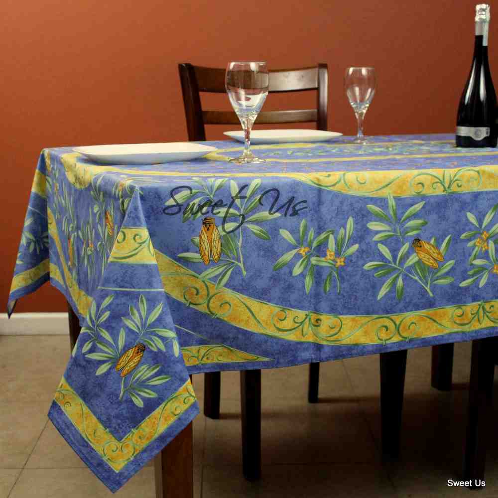 Wipeable Tablecloth Rectangle, Round Spillproof French Acrylic Coated Blue Bees