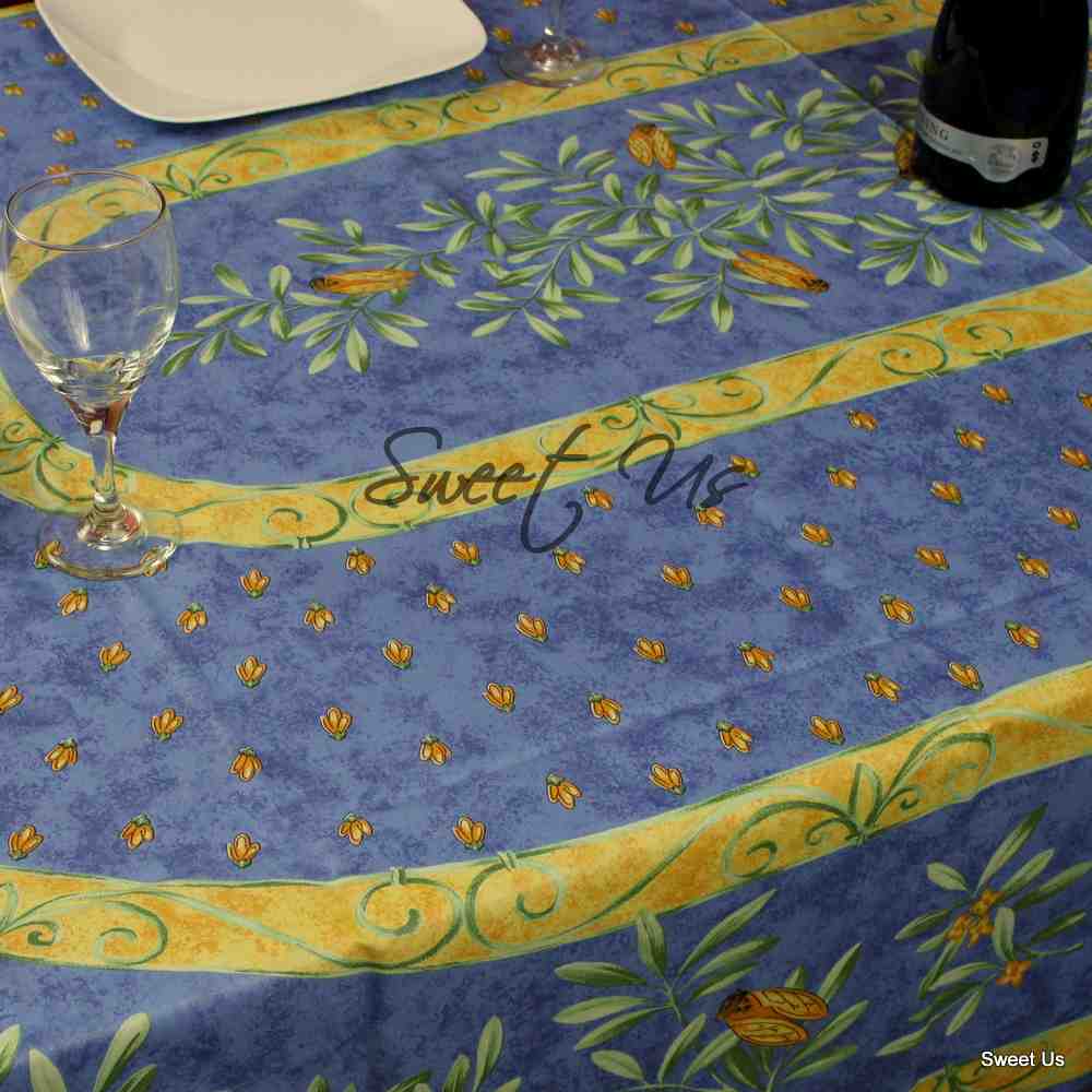 Wipeable Tablecloth Rectangle, Round Spillproof French Acrylic Coated Blue Bees