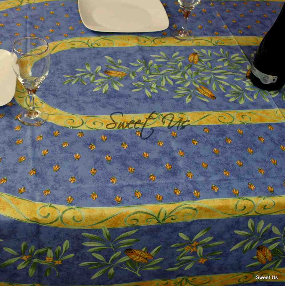 Wipeable Tablecloth Rectangle, Round Spillproof French Acrylic Coated Blue Bees