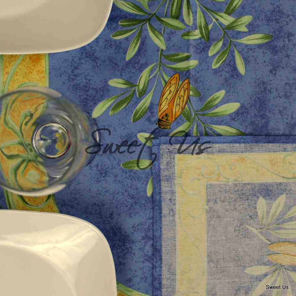 Wipeable Tablecloth Rectangle, Round Spillproof French Acrylic Coated Blue Bees