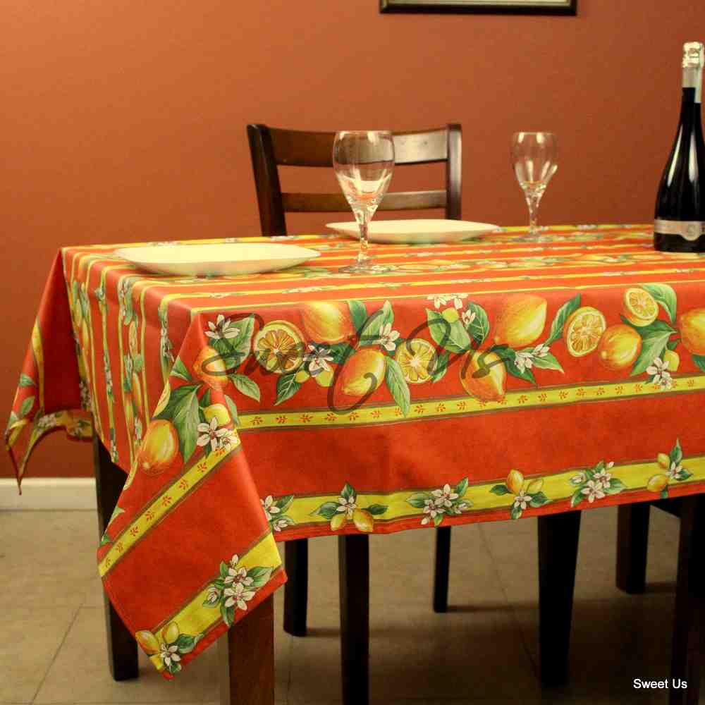 Wipeable Acrylic Coated Cotton Tablecloth Rectangle Lemon Blue, Green, Orange