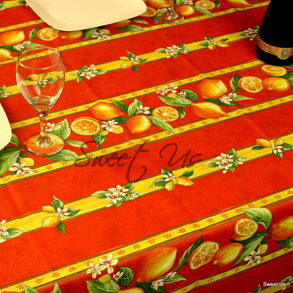 Wipeable Acrylic Coated Cotton Tablecloth Rectangle Lemon Blue, Green, Orange