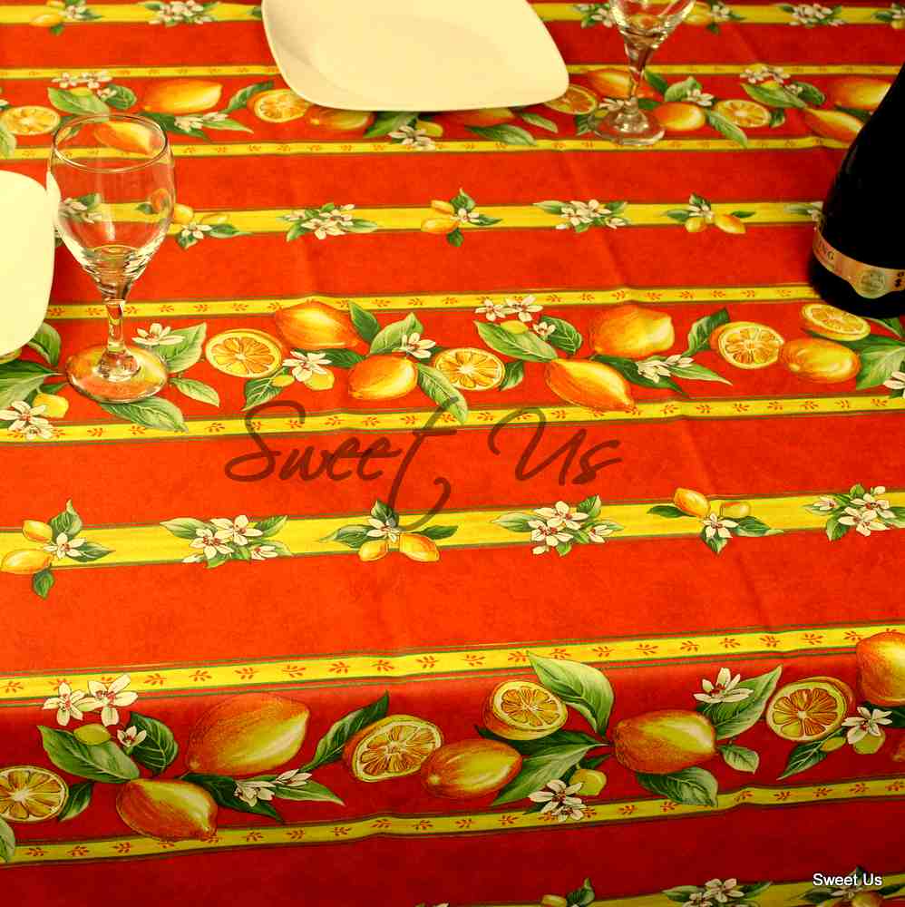 Wipeable Acrylic Coated Cotton Tablecloth Rectangle Lemon Blue, Green, Orange