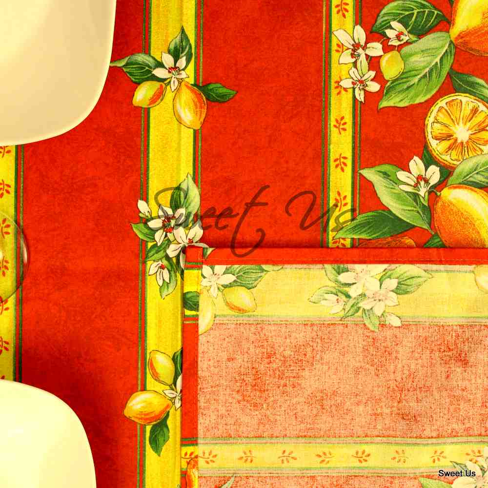 Wipeable Acrylic Coated Cotton Tablecloth Rectangle Lemon Blue, Green, Orange