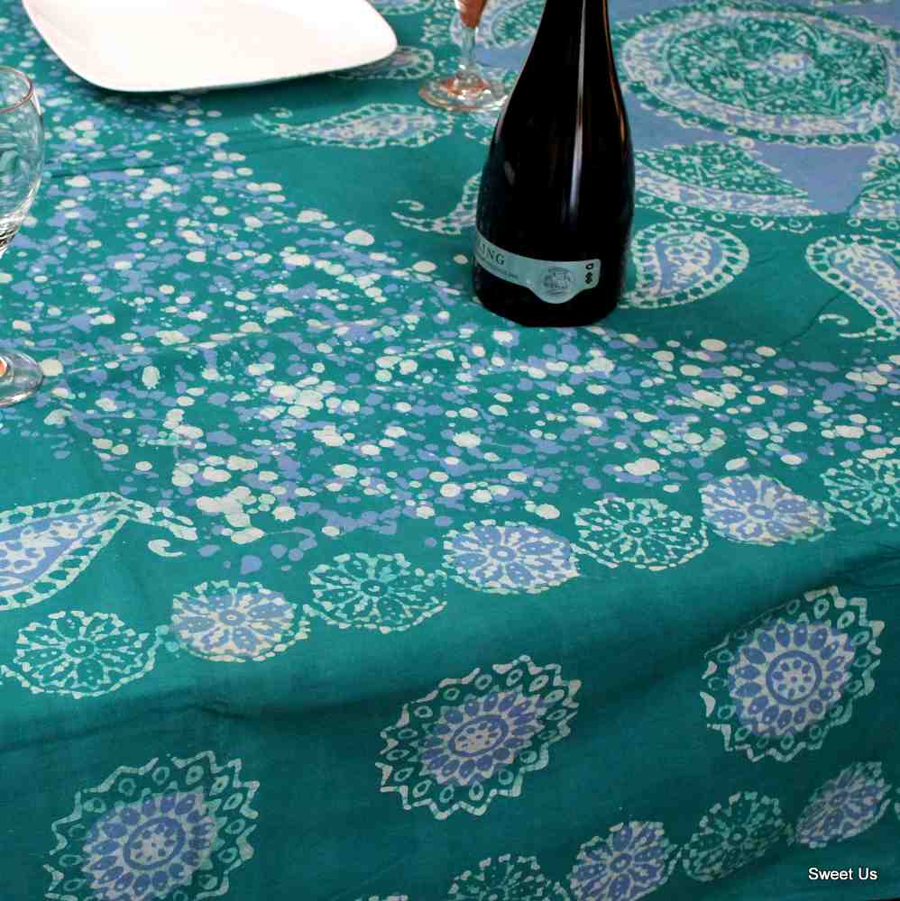 Cotton Batik Floral Tablecloth Rectangle 70x106 Blue Purple Turquoise