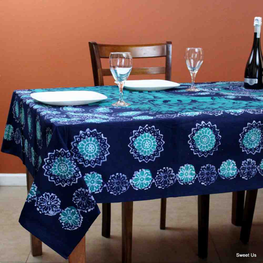 Cotton Batik Floral Tablecloth Rectangle 70x106 Blue Purple Turquoise