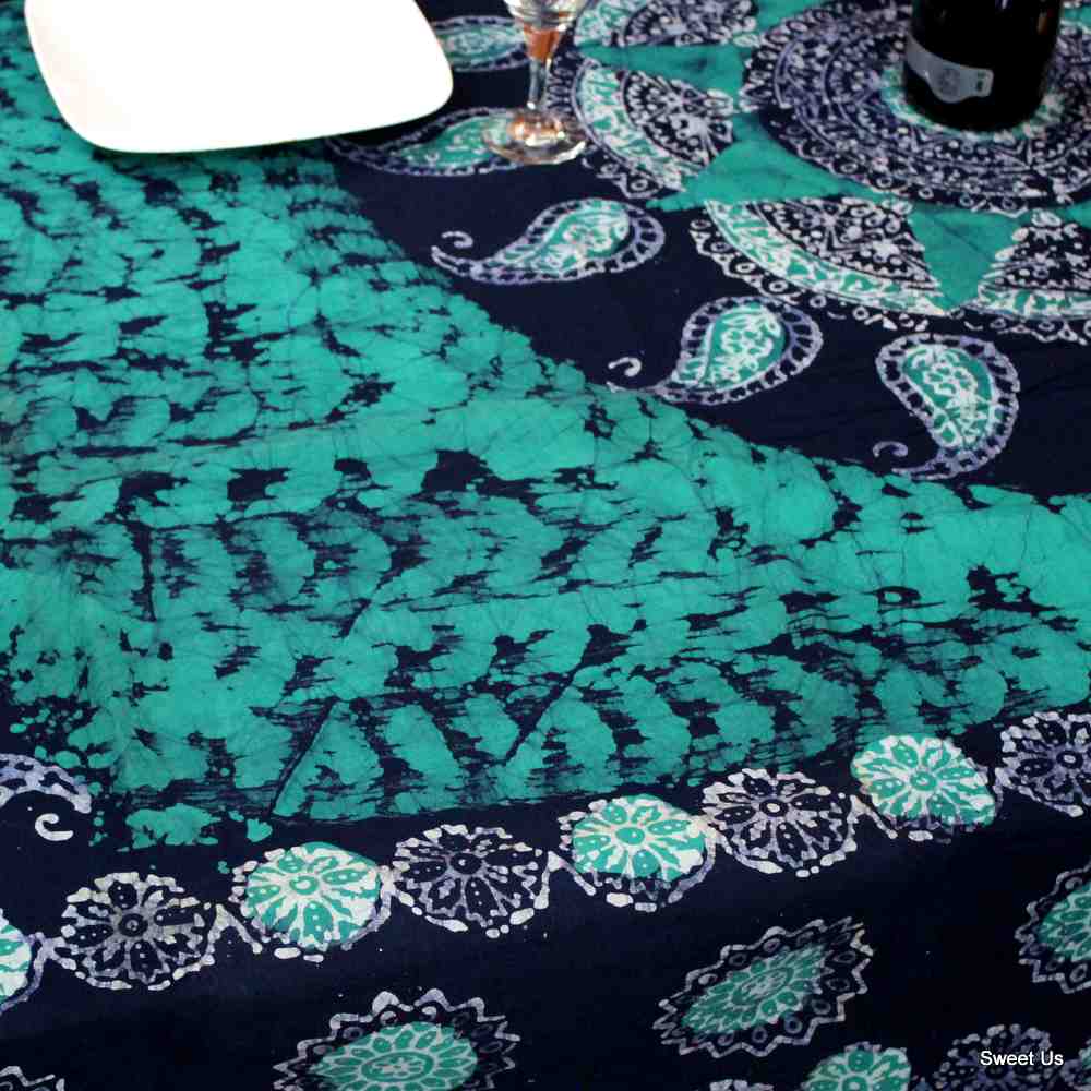 Cotton Batik Floral Tablecloth Rectangle 70x106 Blue Purple Turquoise