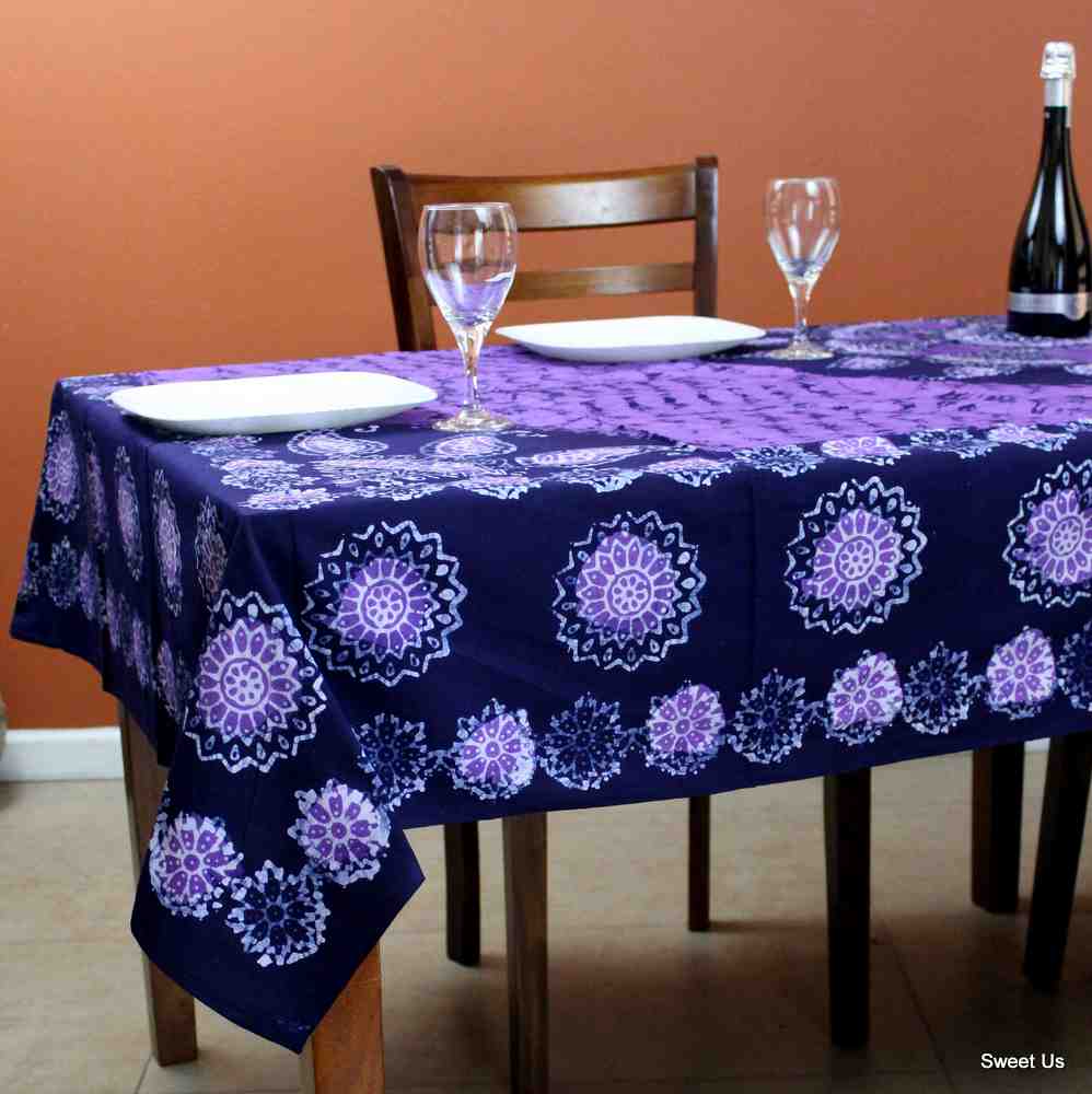 Cotton Batik Floral Tablecloth Rectangle 70x106 Blue Purple Turquoise