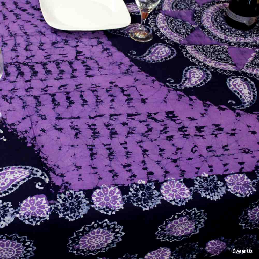 Cotton Batik Floral Tablecloth Rectangle 70x106 Blue Purple Turquoise
