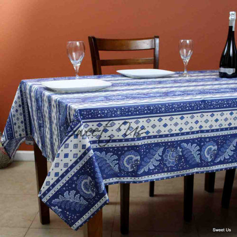 Wipeable Tablecloth 60x78 Spillproof French Acrylic Coated Fleur Feuille Blue