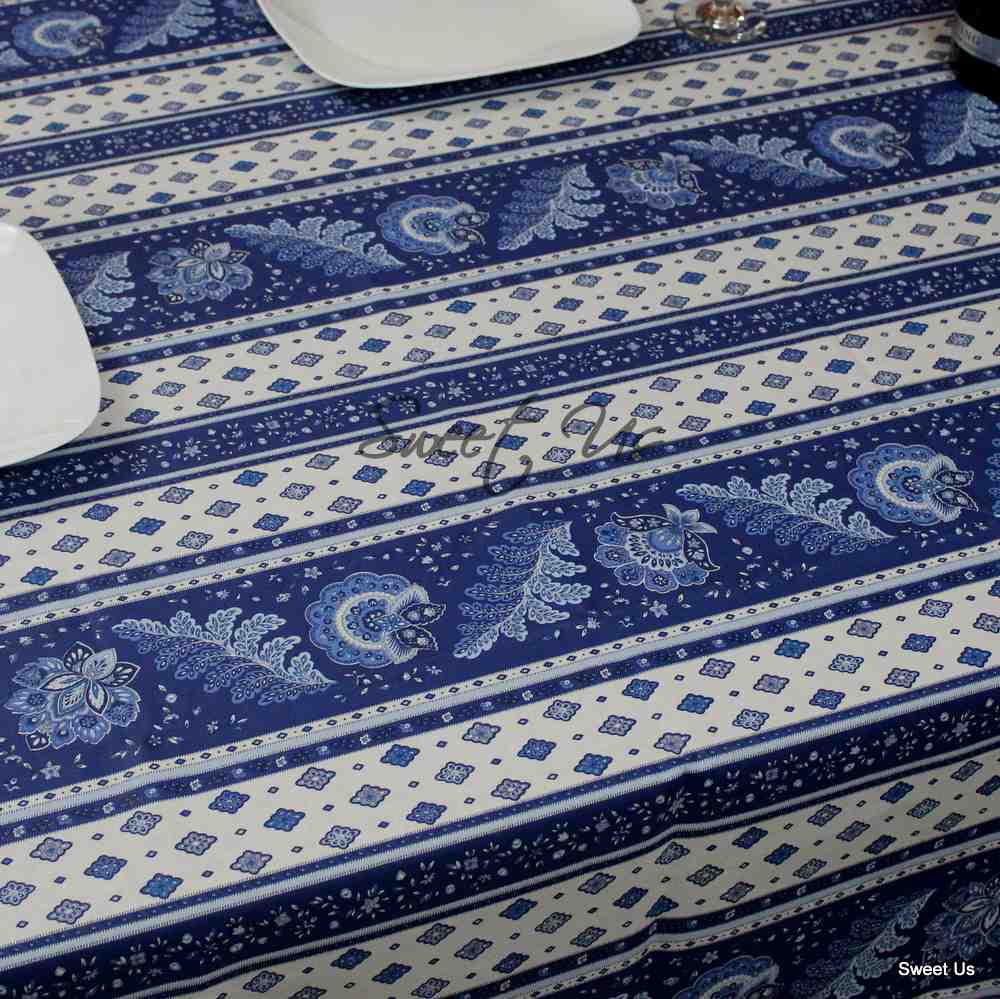 Wipeable Tablecloth 60x78 Spillproof French Acrylic Coated Fleur Feuille Blue