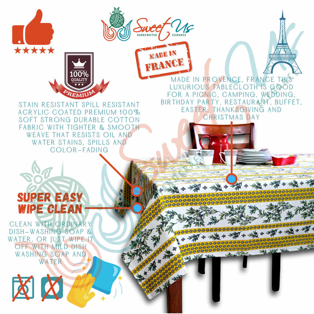 Wipeable Tablecloth Rectangle Spill Resitant French Acrylic Coated Fleur Oliviers