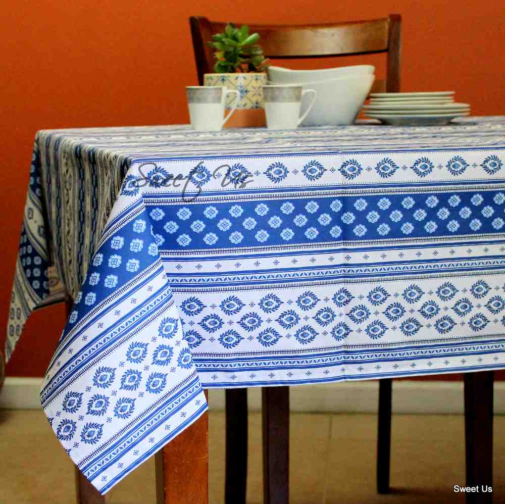 Wipeable Tablecloth Rectangle Spill Resistant French Acrylic Coated Floral Blue