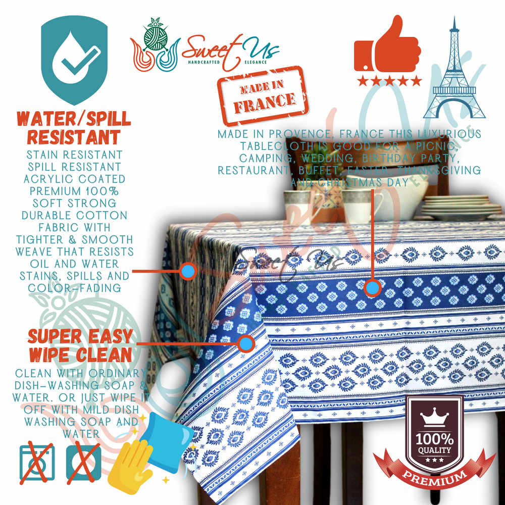 Wipeable Tablecloth Rectangle Spill Resistant French Acrylic Coated Floral Blue