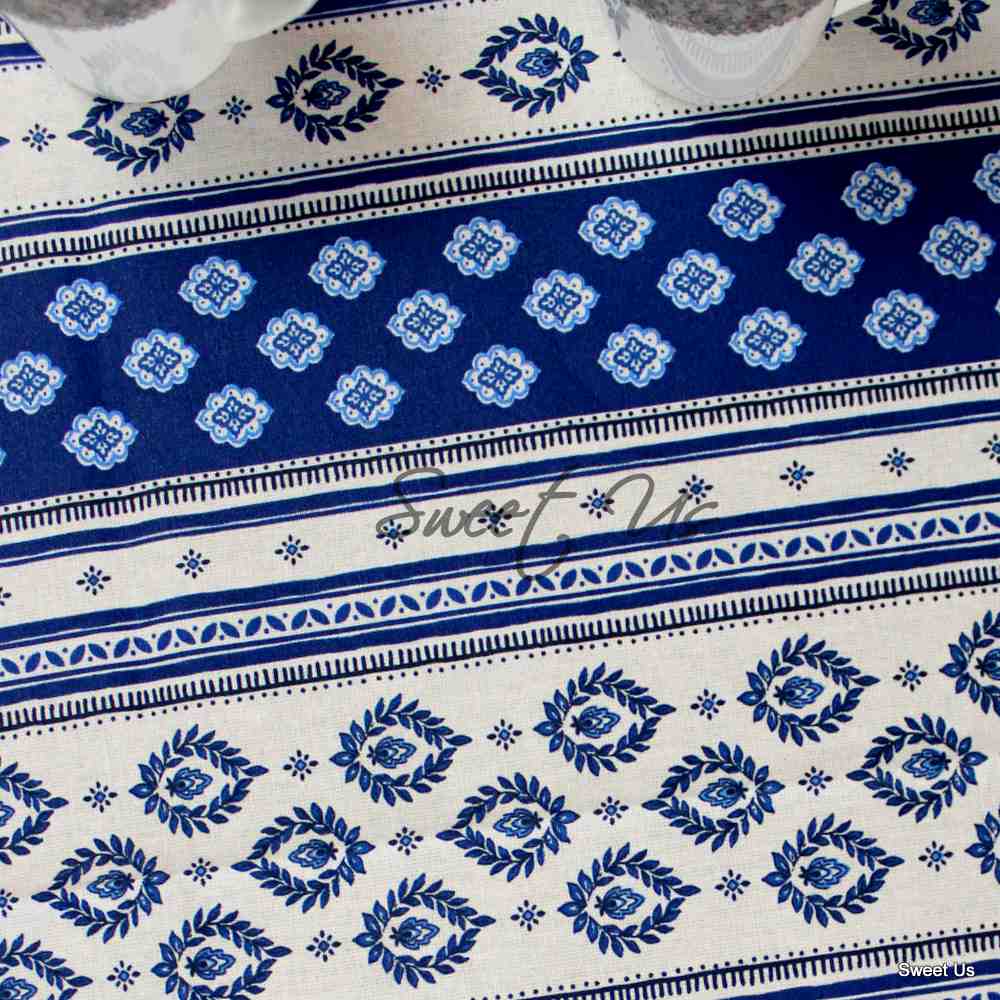 Wipeable Tablecloth Rectangle Spill Resistant French Acrylic Coated Floral Blue