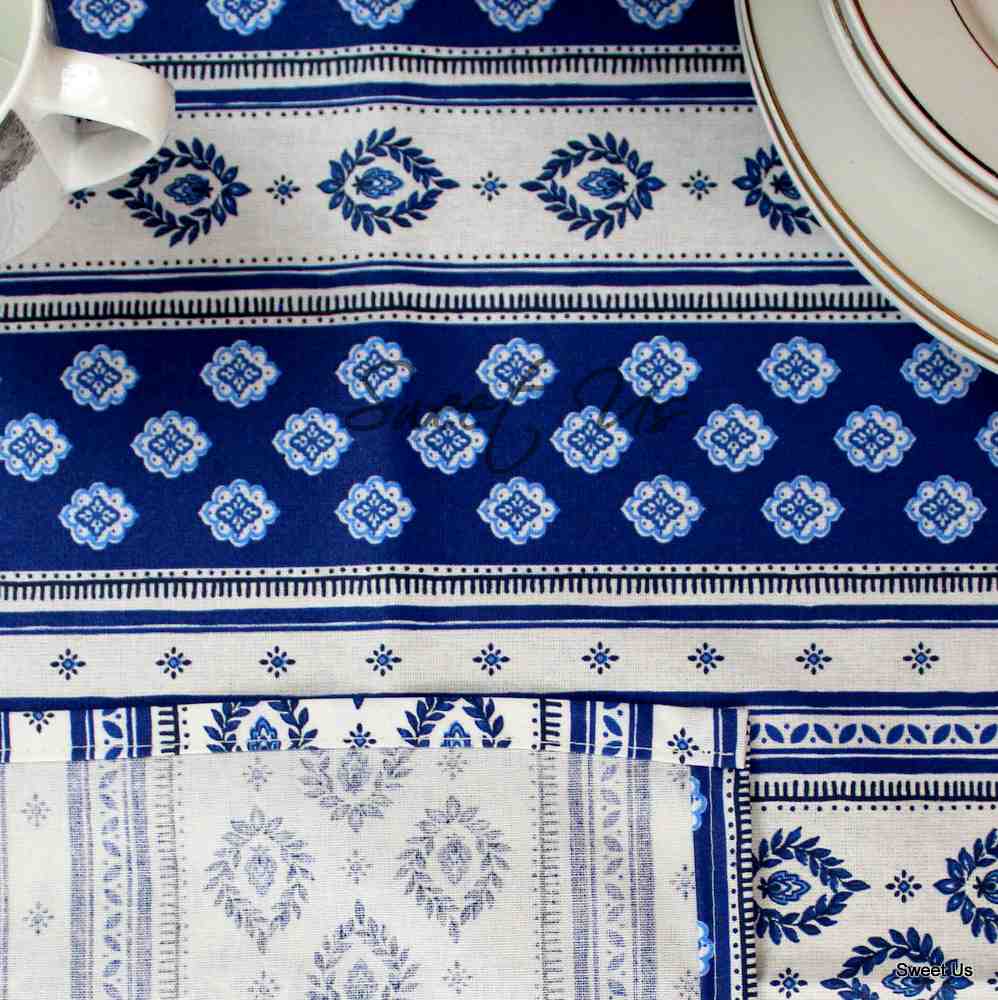 Wipeable Tablecloth Rectangle Spill Resistant French Acrylic Coated Floral Blue