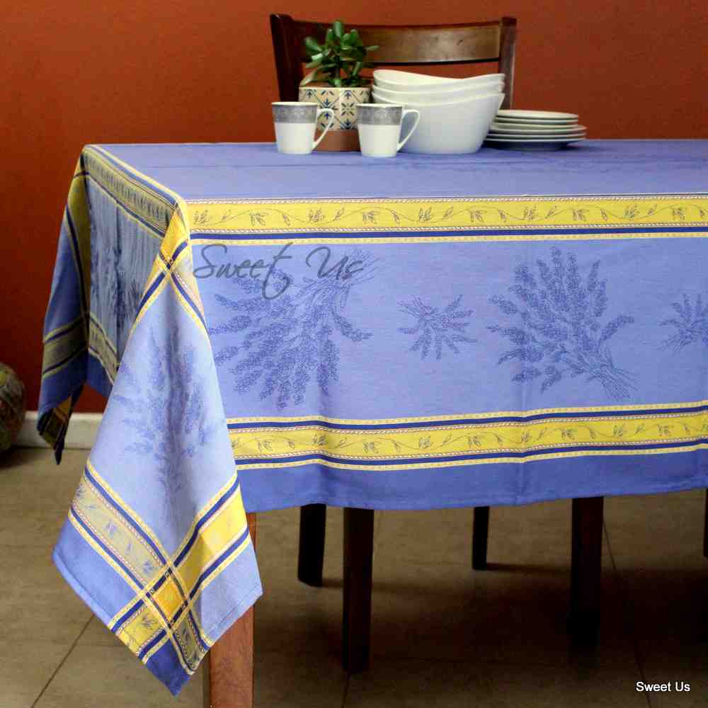 Wipeable Jacquard Tablecloth Rectangle Spill Resistant French Cotton Blue Olive