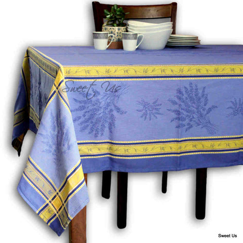 Wipeable Jacquard Tablecloth Rectangle Spill Resistant French Cotton Blue Olive