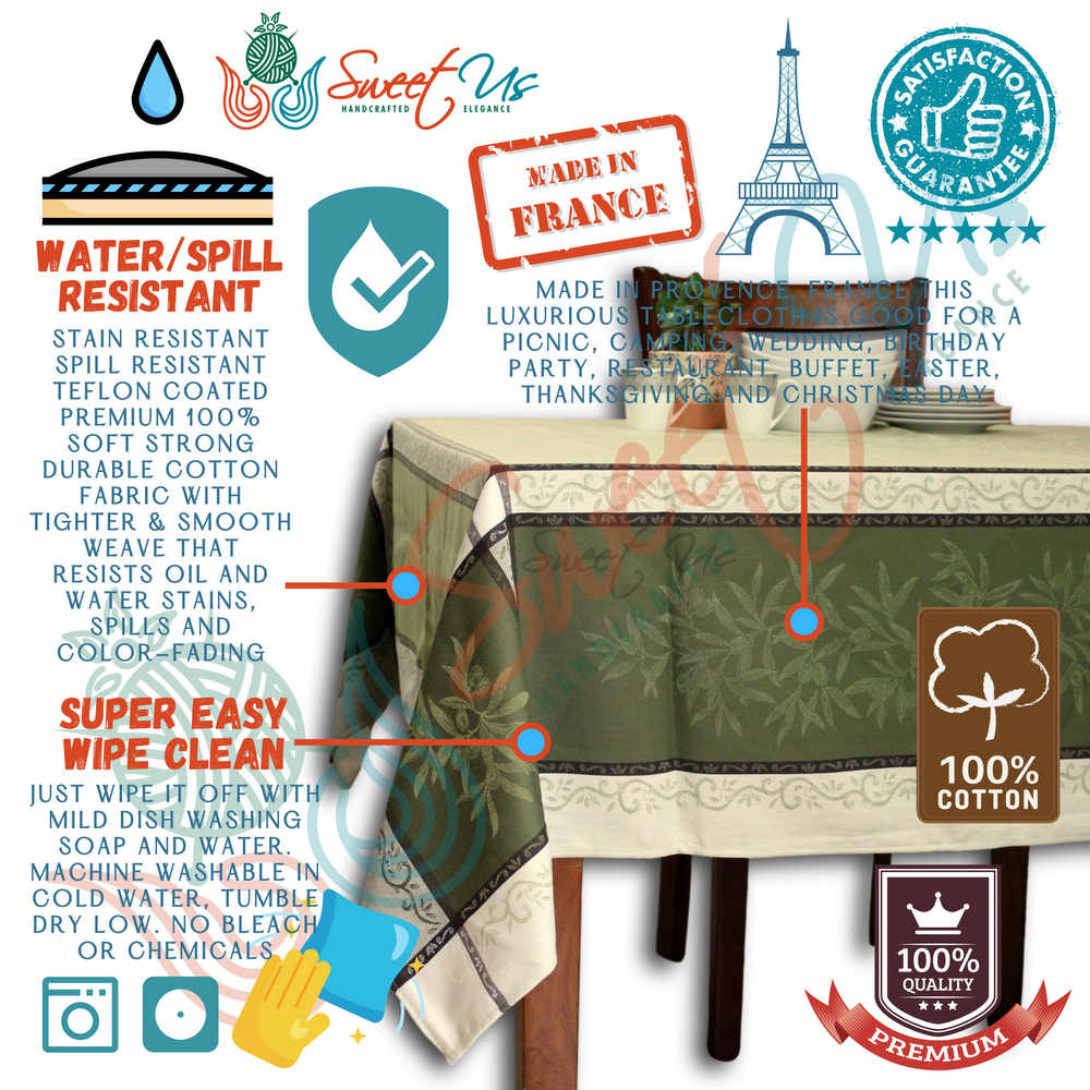 Wipeable Jacquard Tablecloth Rectangle Spill Resistant French Cotton, Green