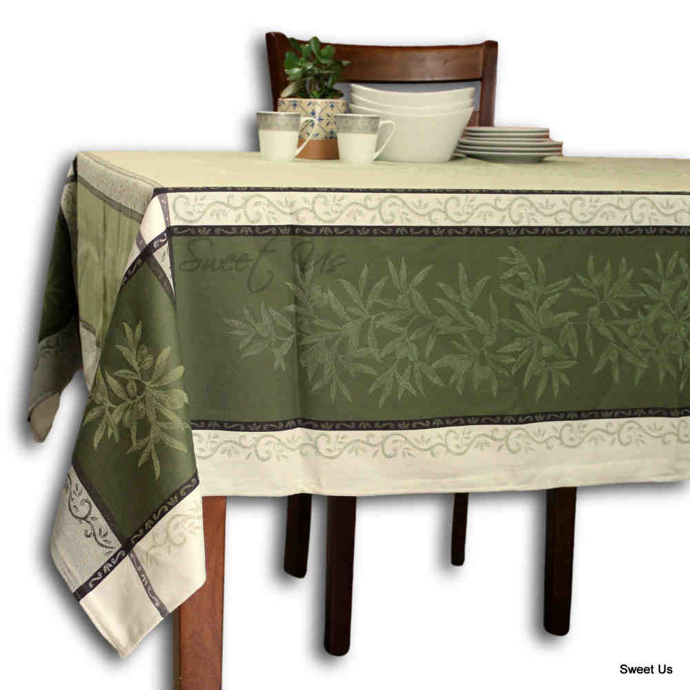 Wipeable Jacquard Tablecloth Rectangle Spill Resistant French Cotton, Green