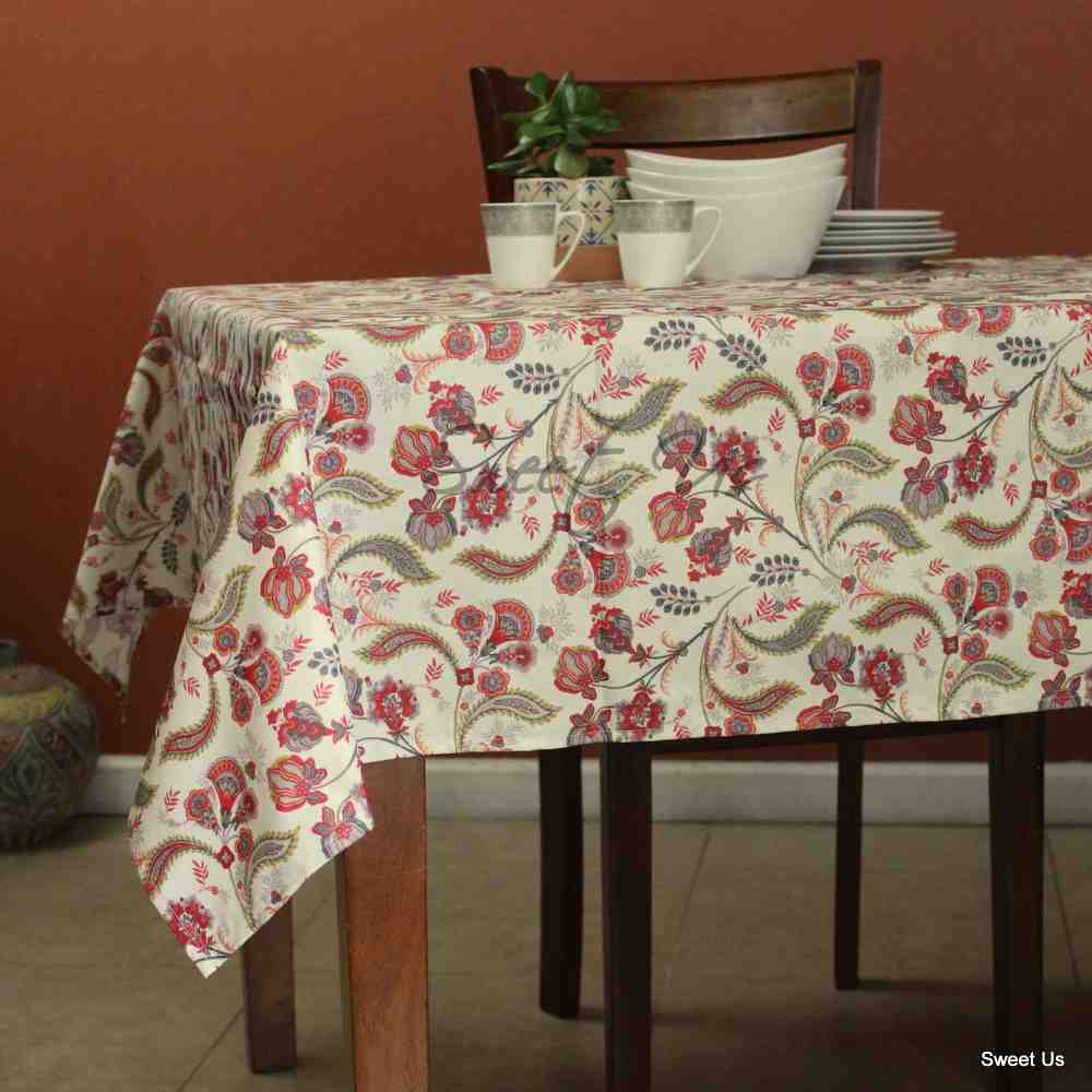 Wipeable Tablecloth Rectangle Spill Resistant French Acrylic Coated Floral Red