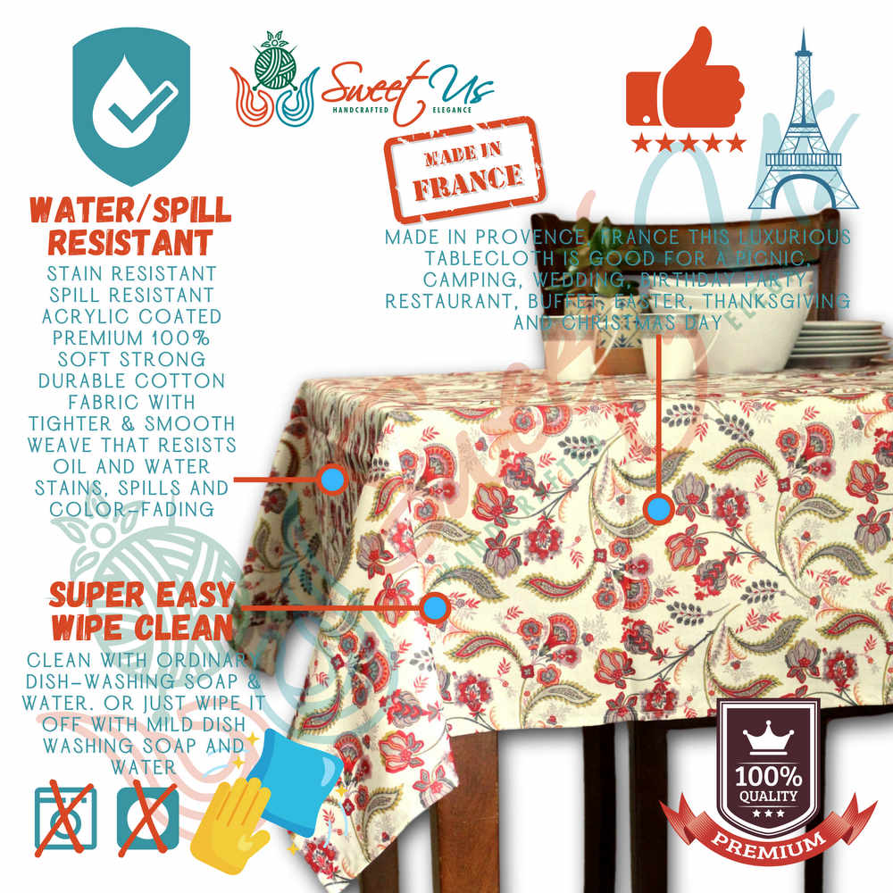 Wipeable Tablecloth Rectangle Spill Resistant French Acrylic Coated Floral Red