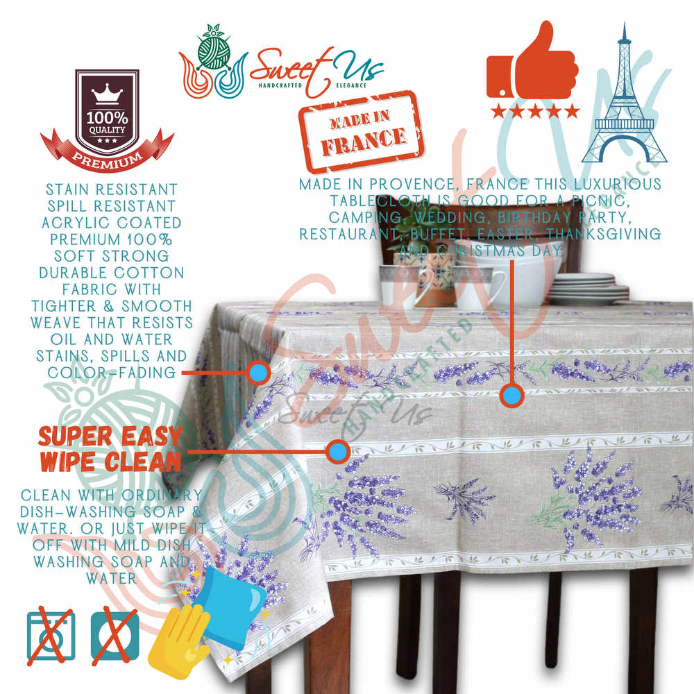 Wipeable Tablecloth French Provencal Acrylic Coated Cotton Lavender Taupe