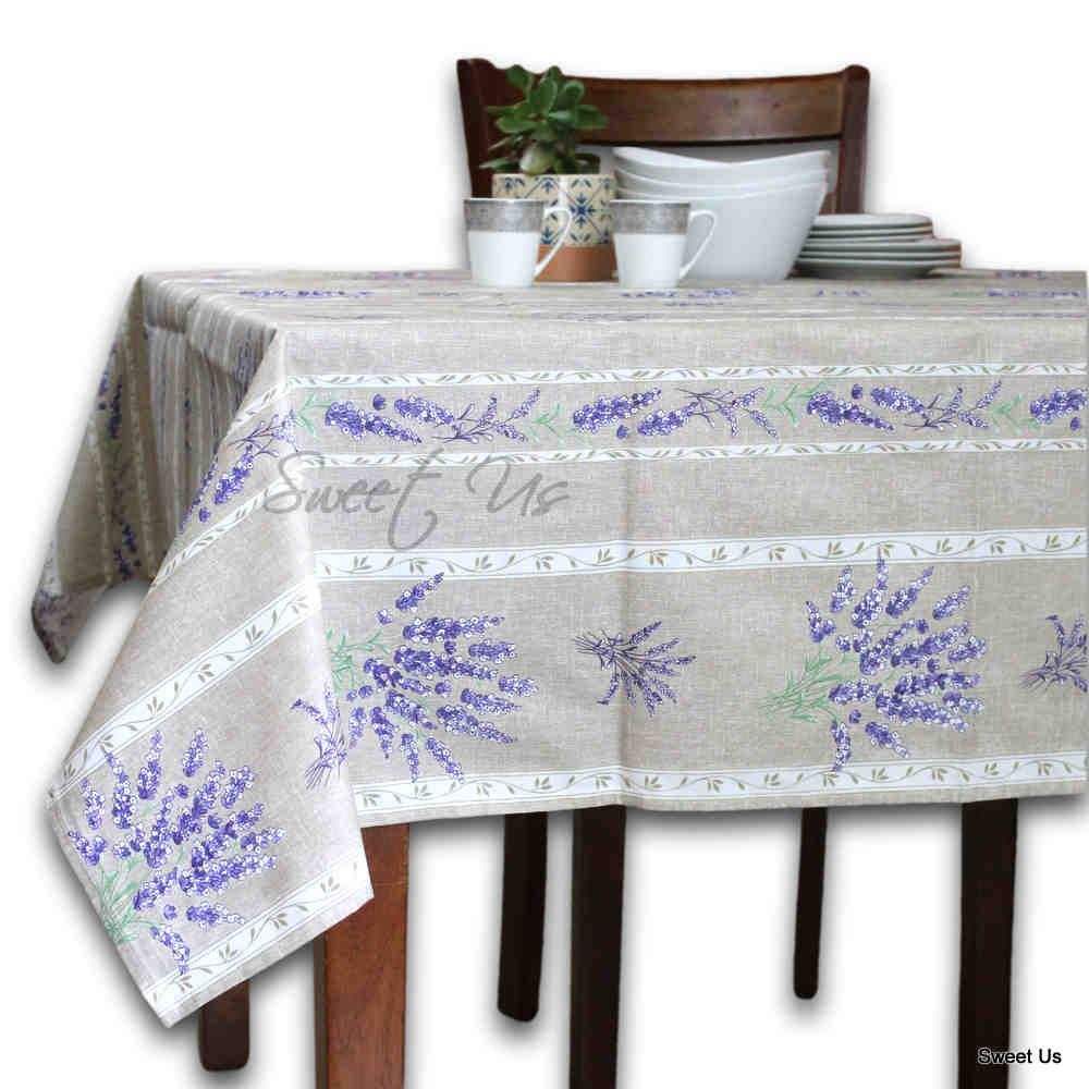 Wipeable Tablecloth French Provencal Acrylic Coated Cotton Lavender Taupe