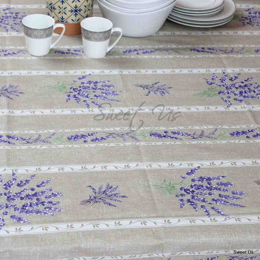 Wipeable Tablecloth French Provencal Acrylic Coated Cotton Lavender Taupe