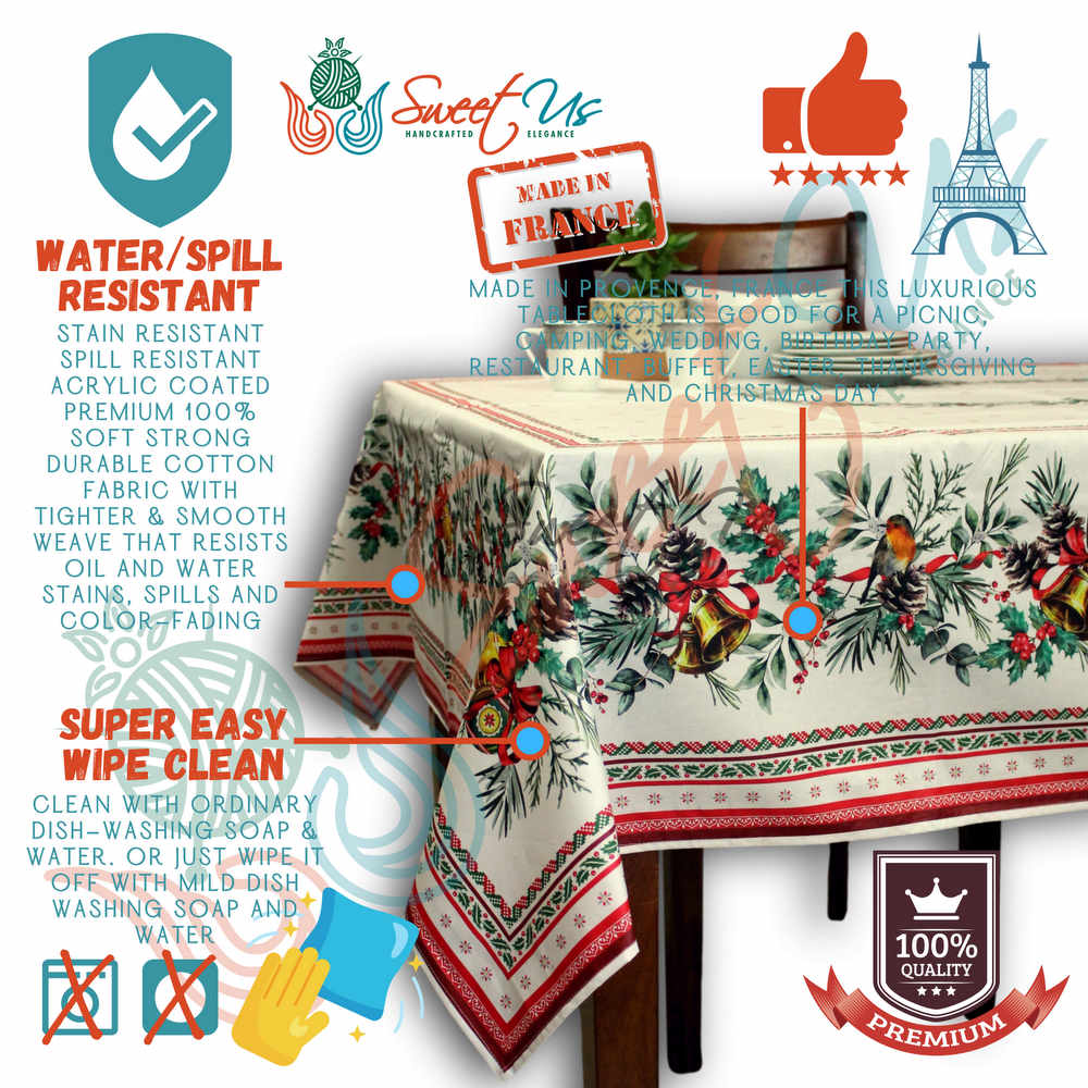 Wipeable Tablecloth Christmas White Red Spill Resistant French Acrylic Coated