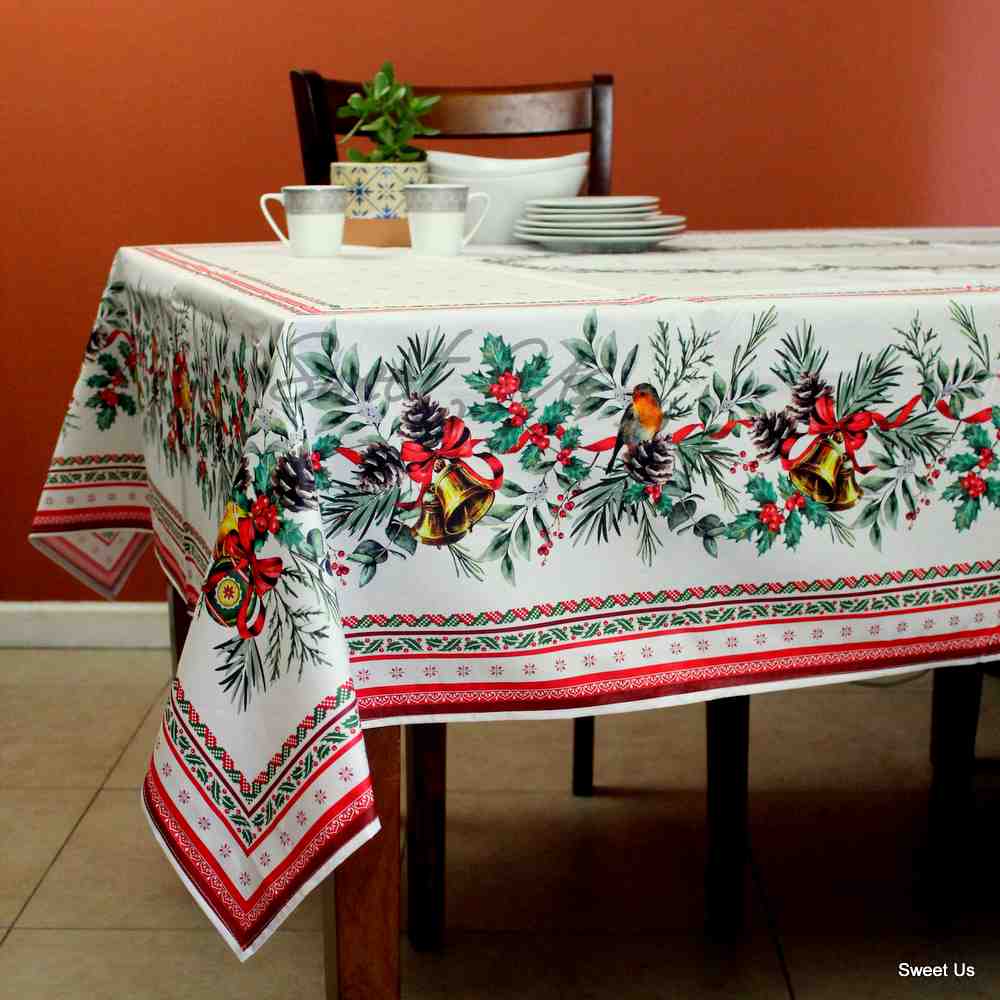 Wipeable Tablecloth Christmas White Red Spill Resistant French Acrylic Coated