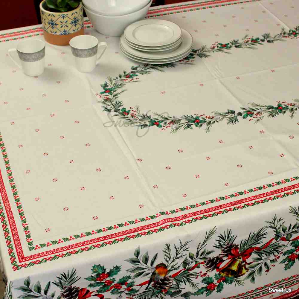 Wipeable Tablecloth Christmas White Red Spill Resistant French Acrylic Coated